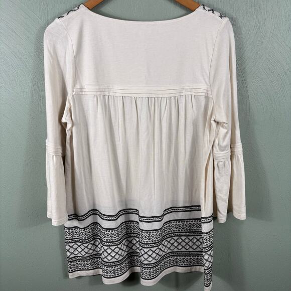 J. Jill Women's Small Ivory Black Embroidered Boho Bell Sleeve Tunic Top Shirt - Picture 10 of 11